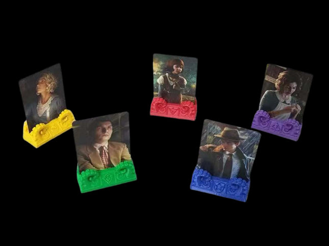 Player card stands for Arkham Horror in five colors - yellow, green, red, blue, and purple