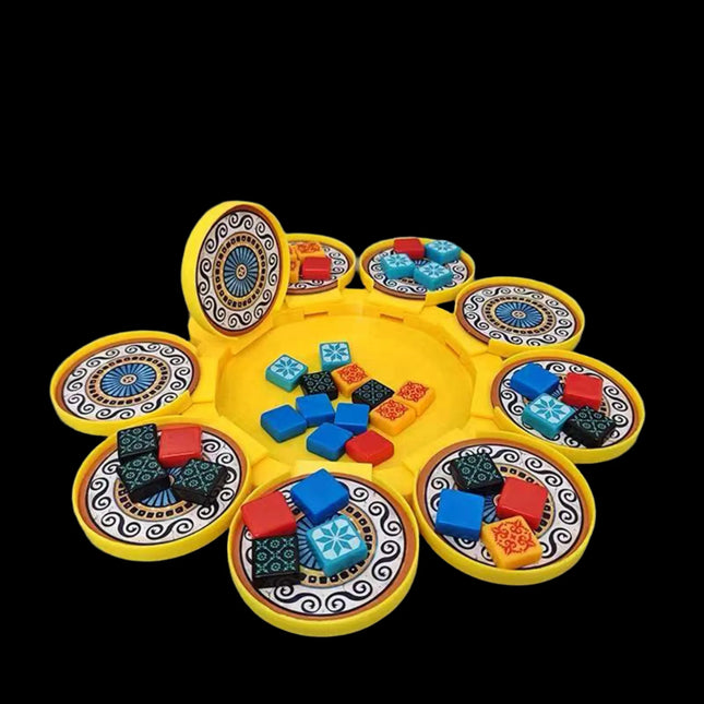 Foldable yellow organizer for Azul the board game game area, rings with tiles