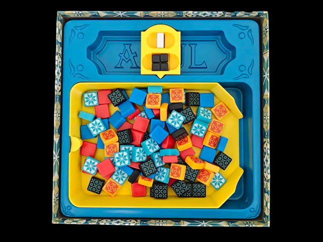 Insert for board game Azul , two yellow 3d-printed pieces placed in game box