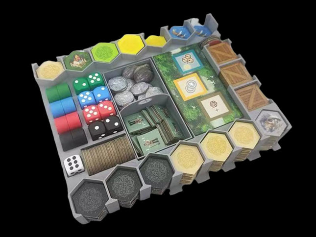 Insert for burgundy game components - opened with all game pieces