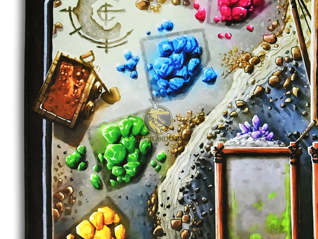 Mining style game playmat for Century Spice road - mining cart focused