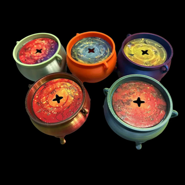 Five Multicolored cauldrons for Whirling Witchcraft the board game