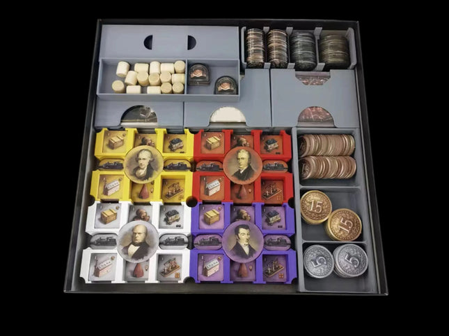 Brass Birmingham game organizer, multiple-color variant opened and showing all the game components inside the game box.