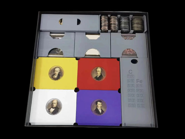 Brass Birmingham game organizer, multiple-color variant covered and showing all the game components inside the game box