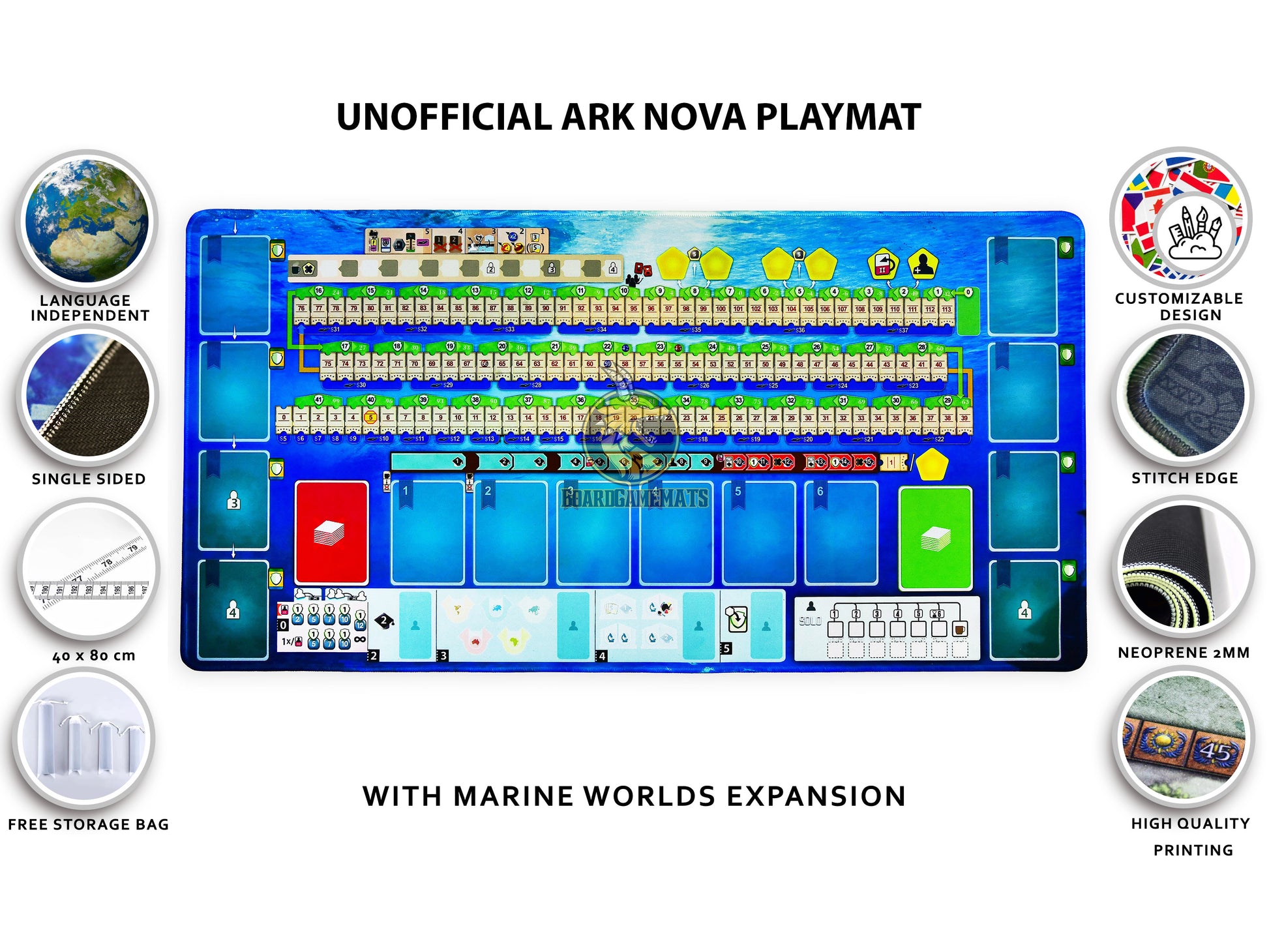 Oceanic style Playmat for Ark Nova and Marine Worlds expansion with playmat technical details