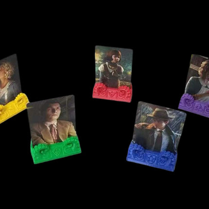 Player card stands for Arkham Horror in five colors - yellow, green, red, blue, and purple