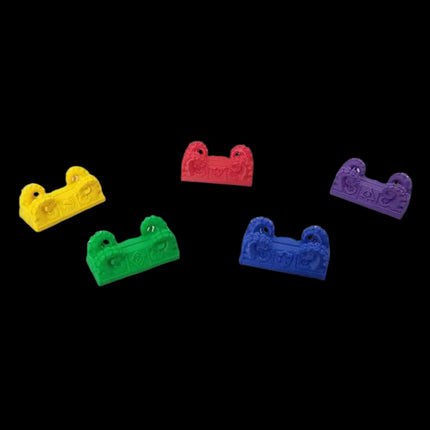 Empty player card stands for Arkham Horror in five colors - yellow, green, red, blue, and purple