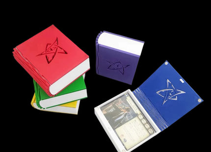 Arkham Horror Magnetic Card storage Box in five colors, blue storage opened with investigator card inside