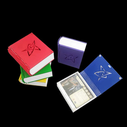 Arkham Horror Magnetic Card storage Box in five colors, blue storage opened with investigator card inside