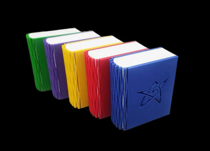 Arkham Horror Magnetic Card storage Box in five colors, all closed and standing