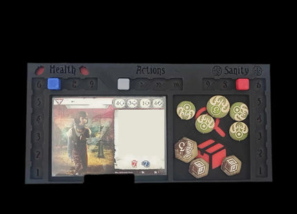 Arkham horror player tray with card and tokens inside