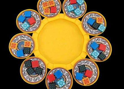 Foldable yellow organizer for Azul the board game game area, rings with tiles in the four player game