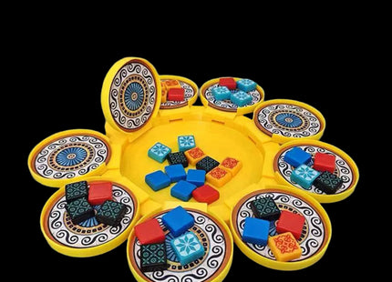 Foldable yellow organizer for Azul the board game game area, rings with tiles