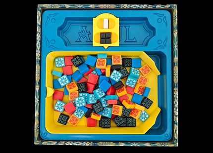 Insert for board game Azul , two yellow 3d-printed pieces placed in game box