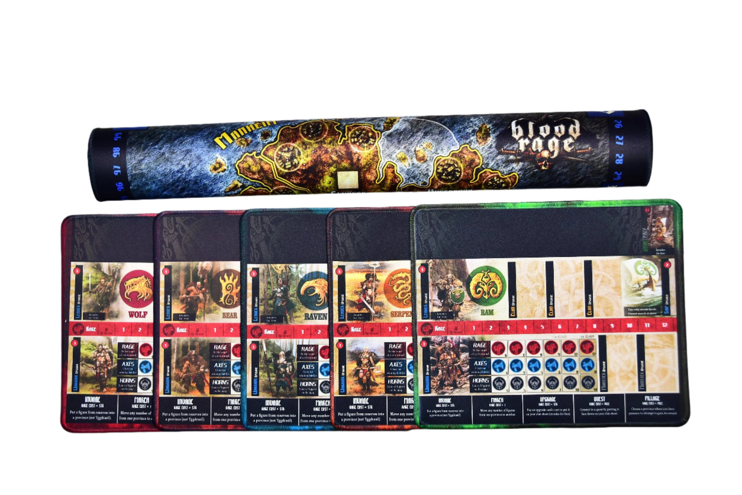 Rolled Blood Rage Playmat with five clan mat playmats bundle