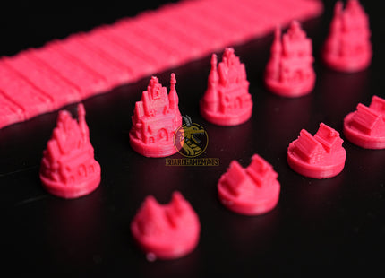 Ancient Goth Civilization set for Settlers of Catan in pink color including roads, settlements, and cities - main overview