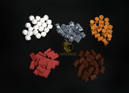 Catan resource set - wheat, ore, bricks, wood, wool, main overview