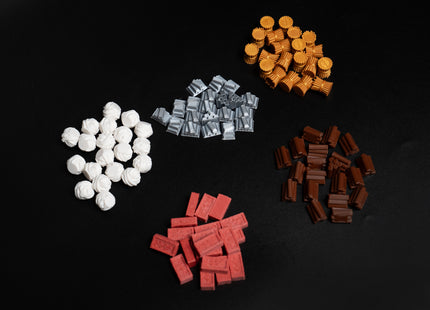 Catan resource set - wheat, ore, bricks, wood, wool, different overview