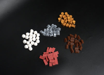 Catan resource set - wheat, ore, bricks, wood, wool, main overview
