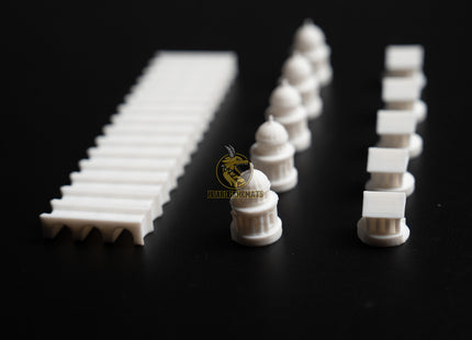 Ancient Roman Civilization set for Settlers of Catan including roads, settlements, and cities - side, close focused overview