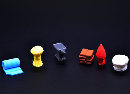 Set of Concordia token resources including wine, tools, salt, food, cloth, and brick - single resources