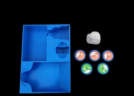 Blue container for The Crew: Deep Sea with 3d  printed diver player token - unboxed