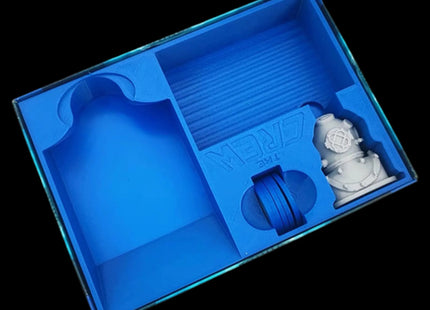 Blue container for The Crew: Deep Sea with 3d printed diver player token - with diver token inside