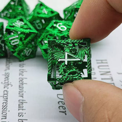 Green Dragon dice set - holding in fingers