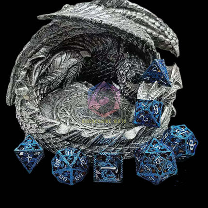 Blue Dragon dice set with silver dragon dice tower