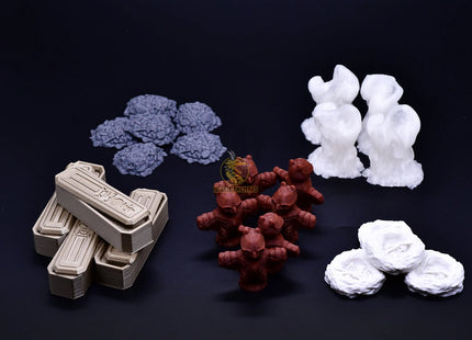 Set of Gloomhaven tokens including a sarcophagus, totem, mist, bird nests, and gravel - main overview 