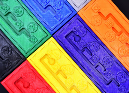 Eight colored Gearboxes for Heat Formula 1 racing board game - zoomed details overview
