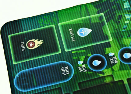 Cyberpunk style red and green Playmat for Radlands - corner-focused