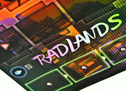 Cyberpunk style red and green Playmat for Radlands - logo focused