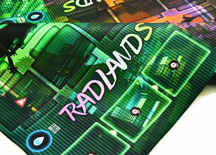 Cyberpunk style red and green Playmat for Radlands - radlands logo overview