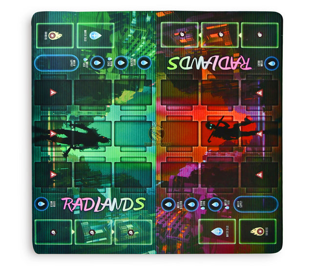 Cyberpunk style red and green Playmat for Radlands - main overview