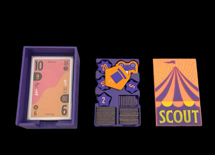 Travel box for Scout the board game in purple color with all game components - 3 pieces main overview