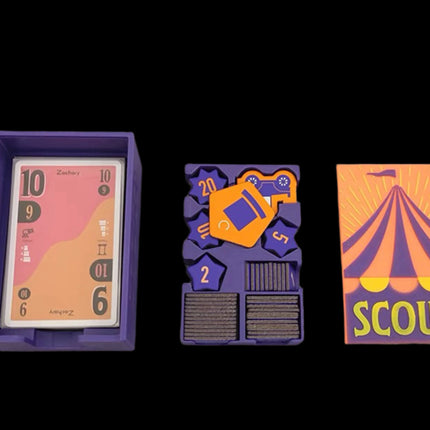 Travel box for Scout the board game in purple color with all game components - 3 pieces main overview