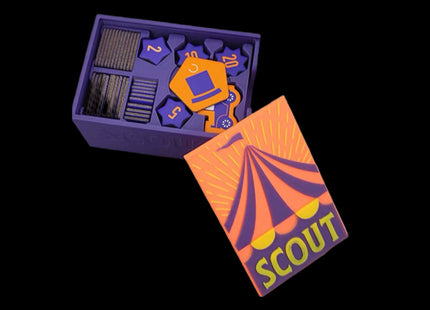 Travel box for Scout the board game in purple color -half-opened box