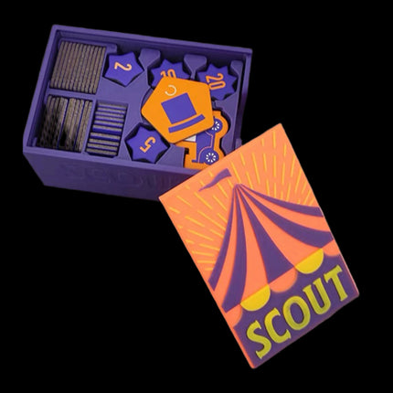 Travel box for Scout the board game in purple color -half-opened box