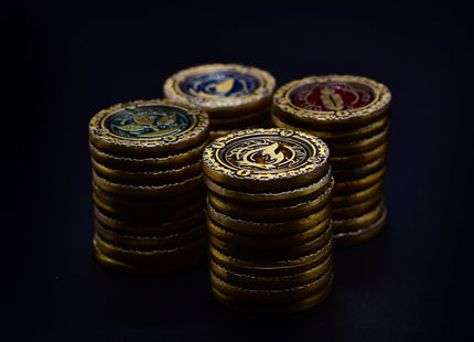 Metal premium coins for Season, water & fire & earth & air - stack, side overview