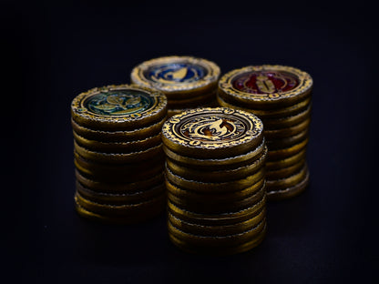 Metal premium coins for Season, water & fire & earth & air - stack, side overview