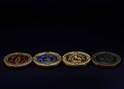 Metal premium coins for Season, water & fire & earth & air - single tokens, side angle overview
