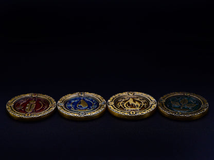 Metal premium coins for Season, water & fire & earth & air - single tokens, side angle overview