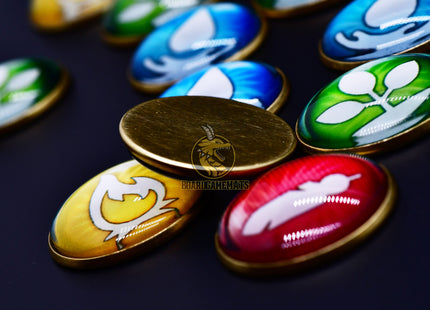 Set of Seasons Tokens - age, fire, water, earth, air. reverse side focused