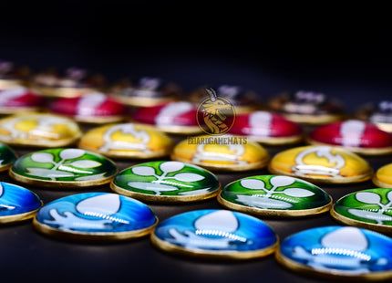 Set of Seasons Tokens - age, fire, water, earth, air. table angle overview