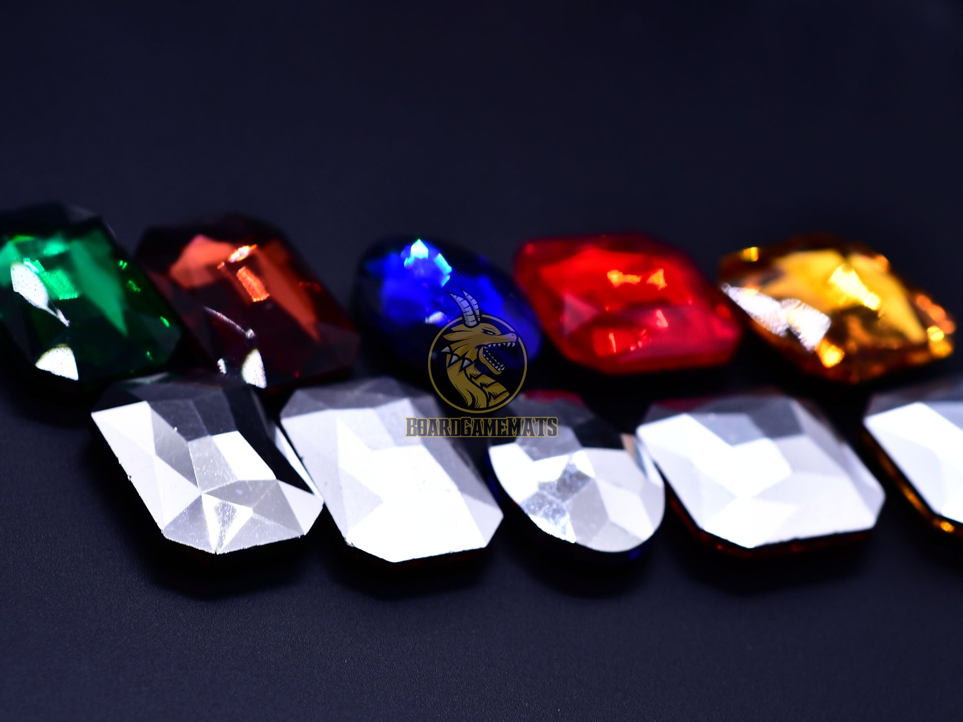 Whole set of Splendor gemstones, both tokens side overview