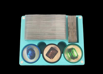 Compact cyan game organizer for splendor with cards and tokens inside main overview