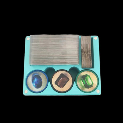 Compact cyan game organizer for splendor with cards and tokens inside main overview