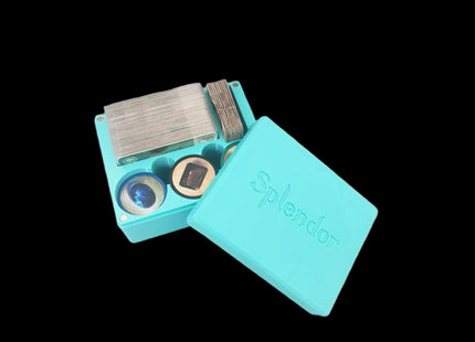 Compact cyan game organizer for splendor half opened