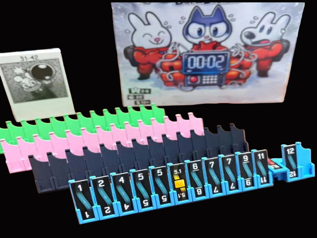 Bomb Busters Player Wire Stands A vintage-style slot machine toy set with a blue numbered slot bar, pink and green pegs, a small card, and a printed package or card featuring cartoon characters and a timer display, shown on a black background.